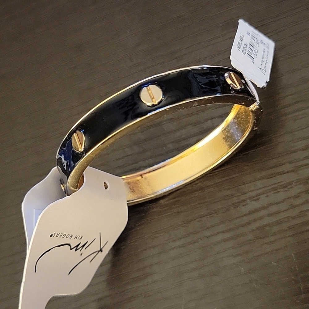 Kim Rogers black gold enamel bangle bracelet hinge spring .5" wide New with tags